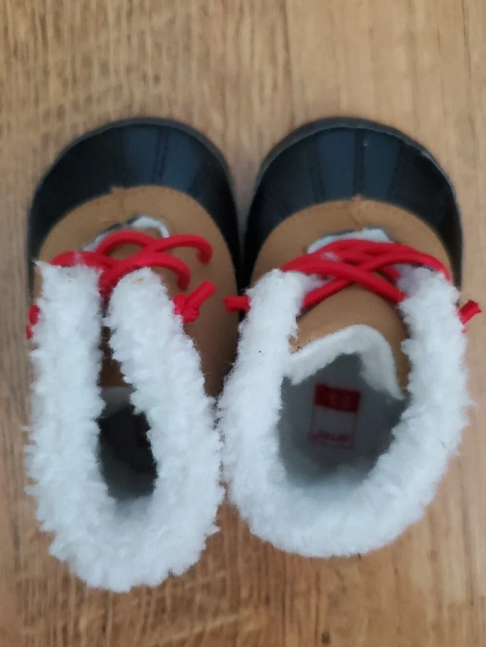 Carters Baby 0-3M Faux-Shearling Winter Boots in Tan, Black & Red Laces